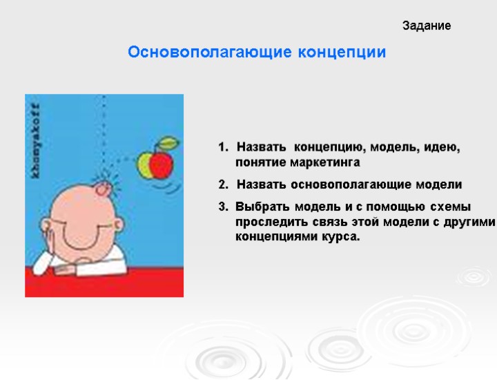 Задание Основополагающие концепции Назвать концепцию, модель, идею,  понятие маркетинга Назвать основополагающие модели 3.
